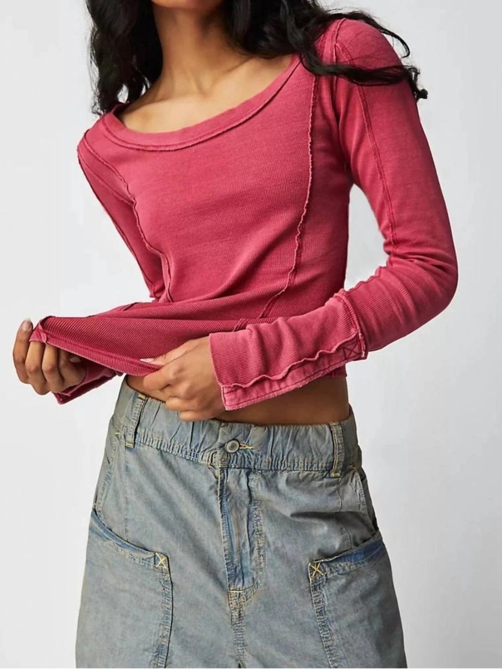 Free People Women’s Long Sleeve Scoop Neck Pink Top